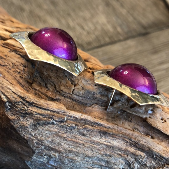 Vintage Hammered Brass Hexagon Earrings with Purple Center - Picture 11 of 14